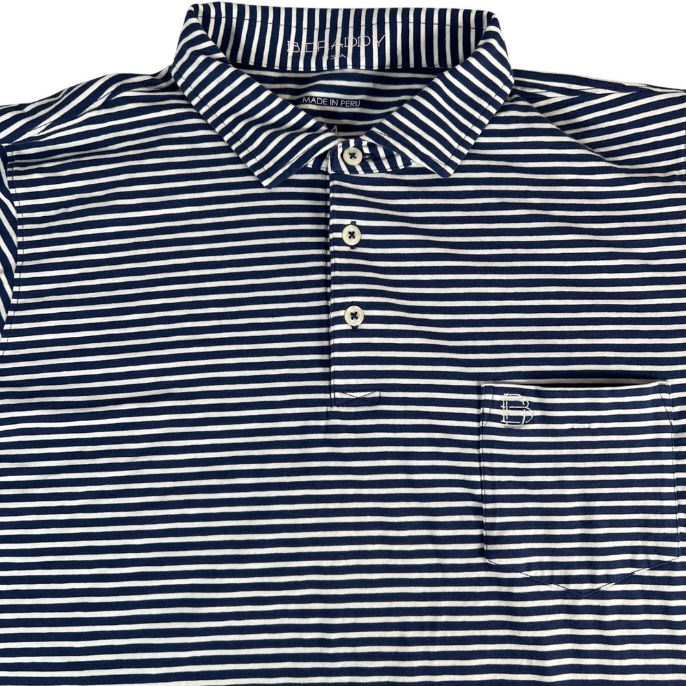 B. Draddy Polo Shirt Mens M Navy Blue Striped Pima Cotton Stretch Pocket